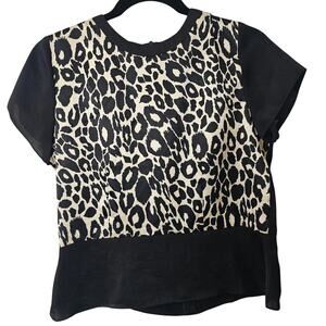ASV Asava Black & Cheetah Print Satin Short Sleeve Back Zip Peplum Blouse 8